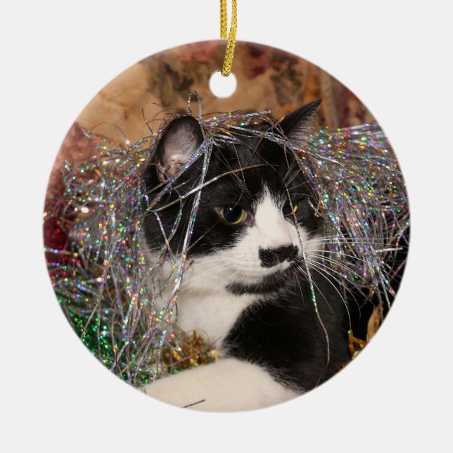 Naughty tuxedo kitty Christmas Ceramic Ornament (Front)