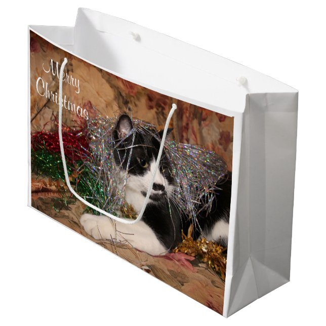Naughty tuxedo kitty Christmas Large Gift Bag (Front Angled)