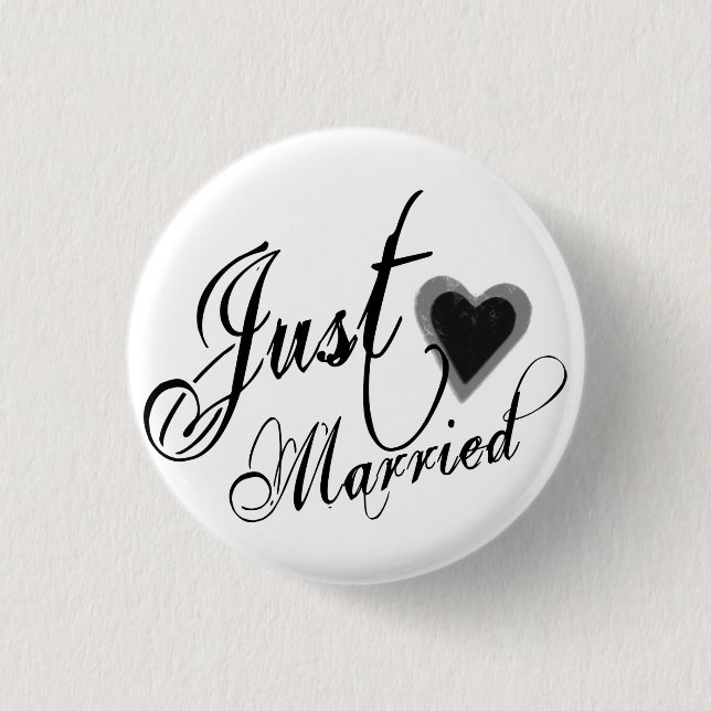 Naughy Grunge Script - Just Married Heart Black 1 Inch Round Button (Front)