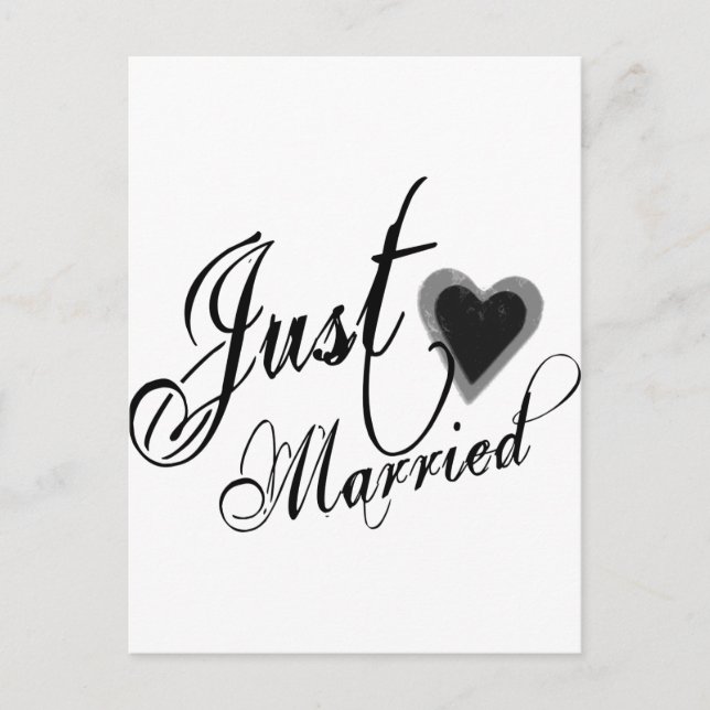 Naughy Grunge Script - Just Married Heart Black Announcement Postcard (Front)