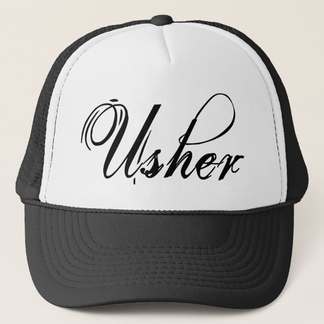 Naughy Grunge Script - Usher Black Trucker Hat (Front)