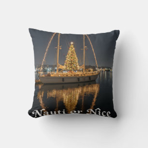 "Nauti" or Nice" - Festive Sailboat Christmas Throw Pillow