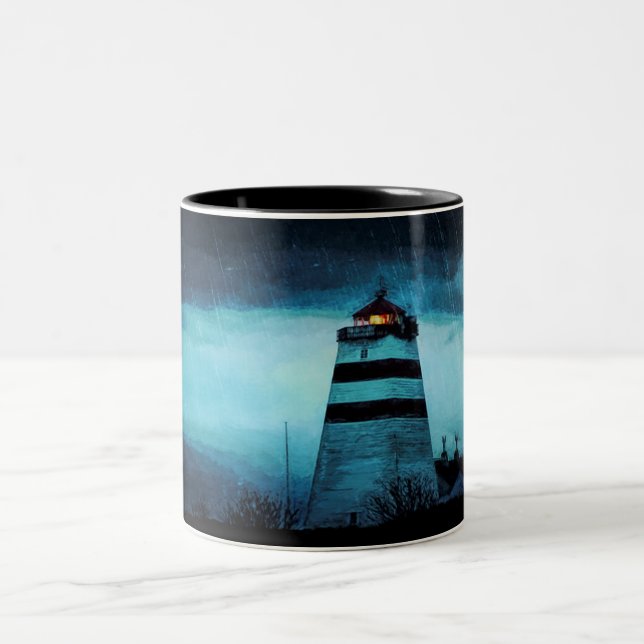 Nautic lighthouse a rainy dark night Two-Tone coffee mug (Center)