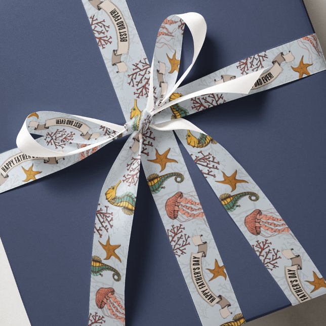 Nautical 1.5" Fathers Day Personalized Pale Blue Grosgrain Ribbon (Ocean Theme Illustrations in Black Ink. Seahorse, Jellyfish, Starfish & Coral.
Custom 2 Messages!)