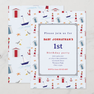 Nautical 1st Birthday Sailboat Birthday Party Invitation
