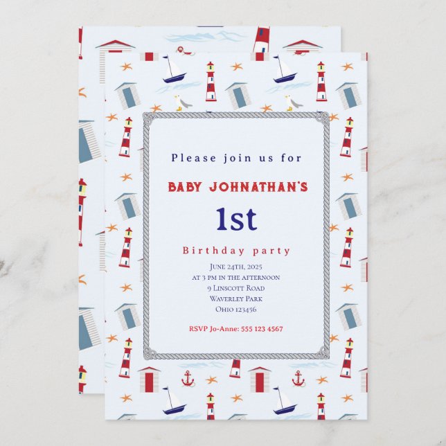 Nautical 1st Birthday Sailboat Birthday Party Invitation (Front/Back)