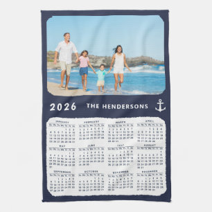 Nautical 2026 Calendar Family Photo Navy Blue Kitchen Towel