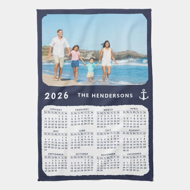 Nautical 2026 Calendar Family Photo Navy Blue Kitchen Towel (Vertical)