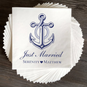 Nautical Achor Navy Blue Just Married Wedding Napkin