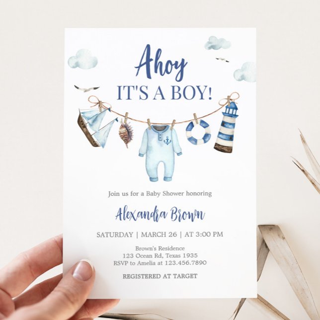 Nautical Ahoy Baby Shower Invitation (Nautical Ahoy Clothesline Baby Shower Invitation)