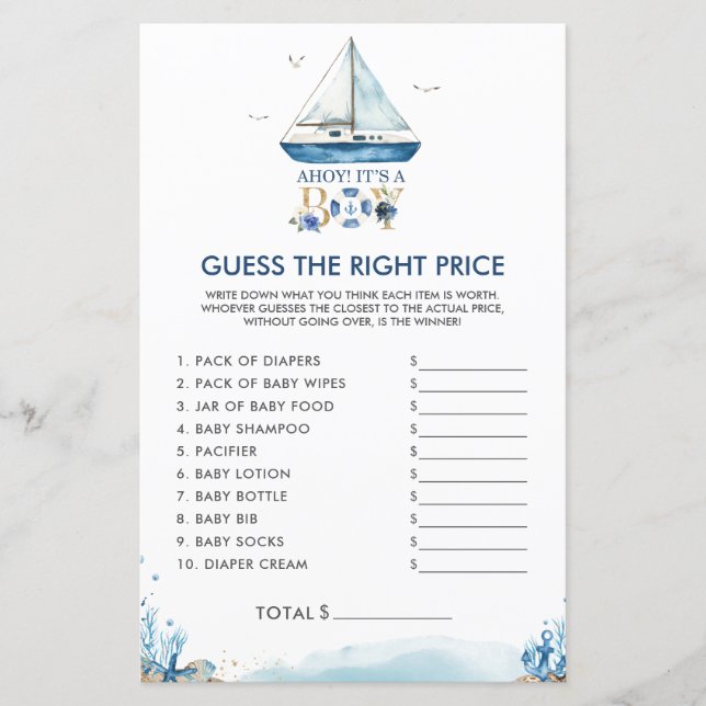 Nautical Ahoy It's a Boy Guess the Right Price (Front)