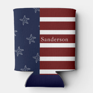 Nautical American Flag Red White Blue Starfish:  Can Cooler