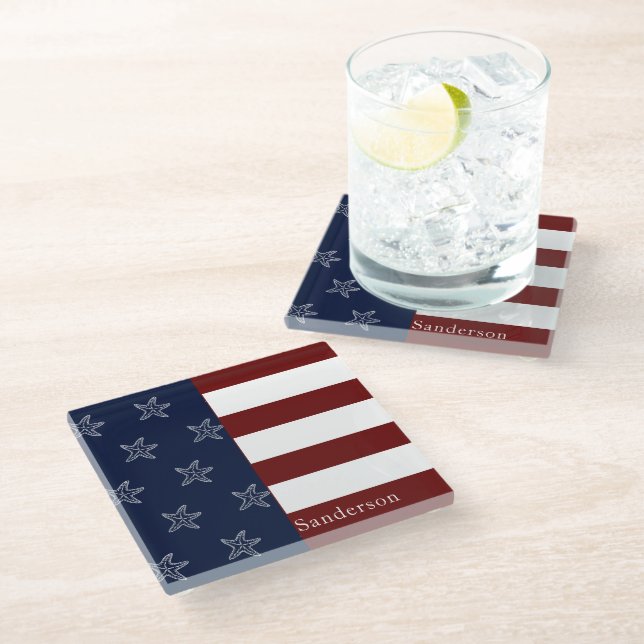 Nautical American Flag Red White Blue Starfish Gla Glass Coaster (Angled)