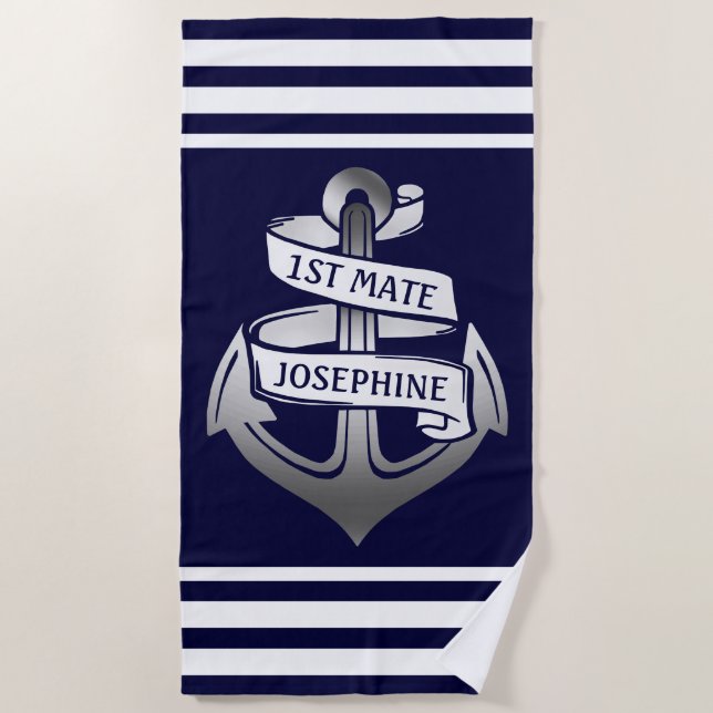 Nautical Anchor 1st Mate Name | Navy White Stripe Beach Towel (Front)