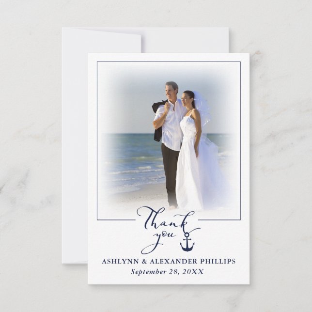 Nautical Anchor 2 Photo Wedding Script Thank You Card (Front)