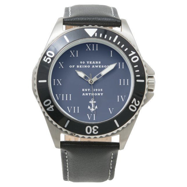 Nautical Anchor 90th Birthday Vintage Navy  Watch (Front)
