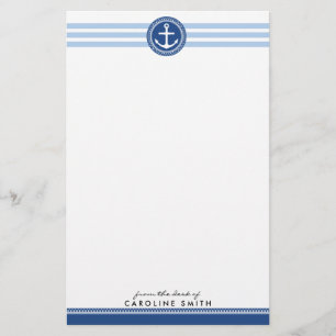 Nautical anchor and blue stripes personalized stationery