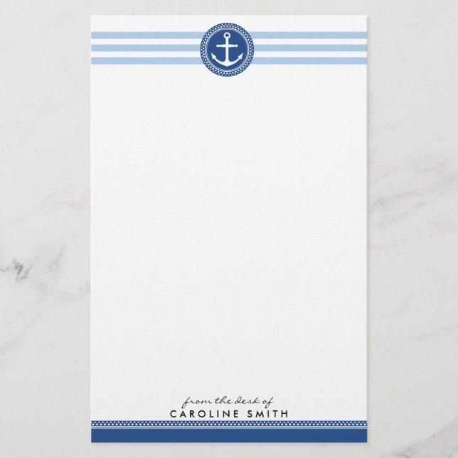 Nautical anchor and blue stripes personalized stationery (Front)