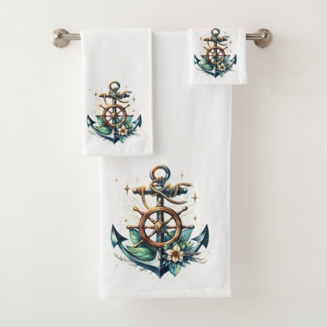 Nautical Anchor and Captains Wheel Bath Towel Set (Insitu)