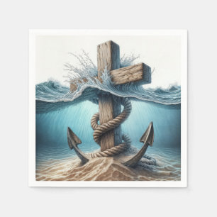 Nautical Anchor and Cross In Ocean Water Napkin