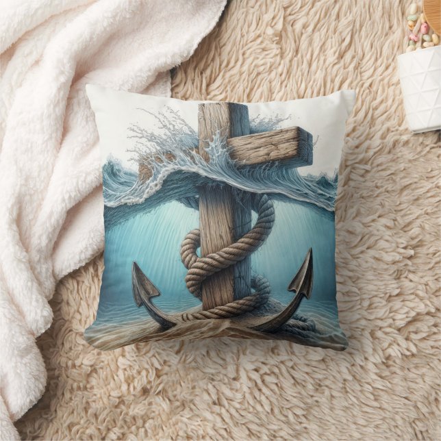Nautical Anchor and Cross In Ocean Water Throw Pillow (Blanket)
