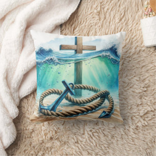 Nautical Anchor and Cross In Ocean Water Throw Pillow