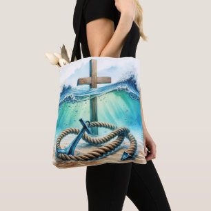 Nautical Anchor and Cross In Ocean Water Tote Bag