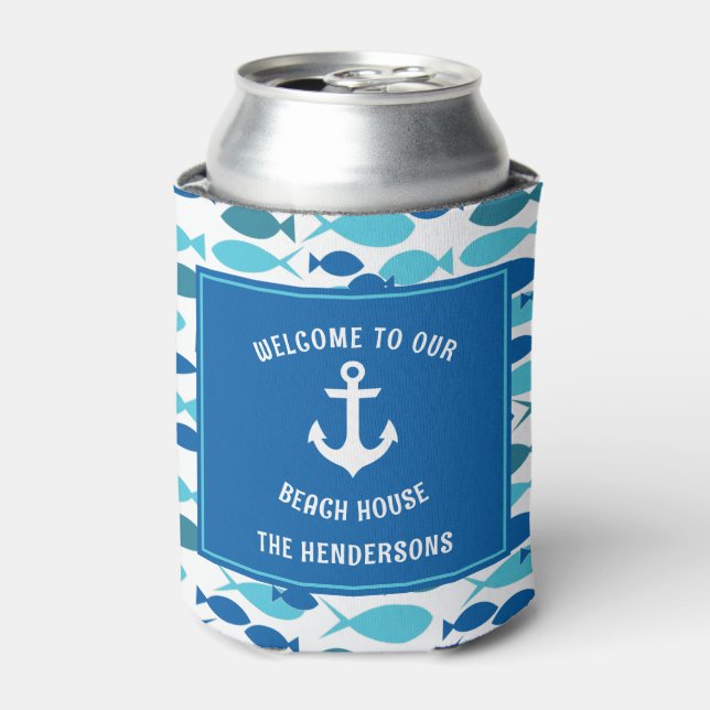 Nautical Anchor and Fish Welcome Beach  House Can Cooler (Can Front)