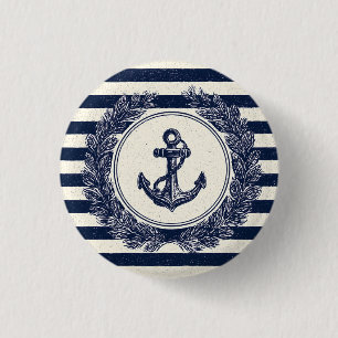 Nautical Anchor and Laurel Wreath on Navy Stripes 1 Inch Round Button