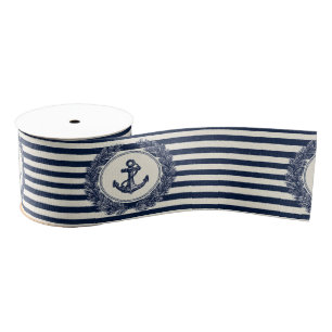 Nautical Anchor and Laurel Wreath on Navy Stripes Grosgrain Ribbon