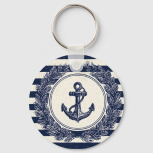 Nautical Anchor and Laurel Wreath on Navy Stripes Keychain