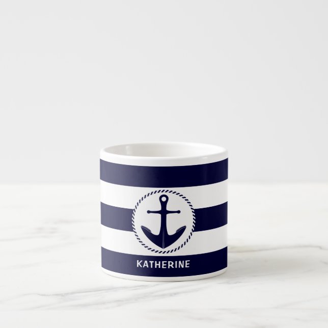 Nautical Anchor And Navy Blue Striped Custom Espresso Cup (Front)