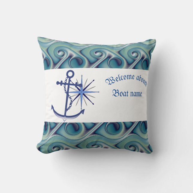 Nautical Anchor And Personalized Boat Name Throw Pillow (Front)