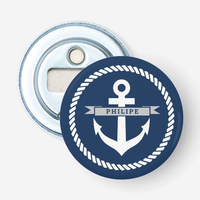 Nautical anchor and rope custom magnetic beer bottle opener (Front)