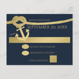 Nautical Anchor and Rope Gold and Blue RSVP Card