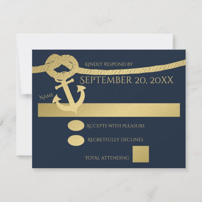 Nautical Anchor and Rope Gold and Blue RSVP Card (Front)