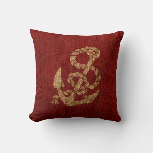 Nautical Anchor and Rope in Rustic Red Throw Pillow (Front)