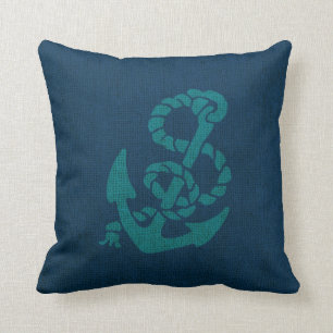 Nautical Anchor and Rope Ocean Blue Green Throw Pillow