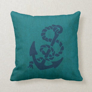 Nautical Anchor and Rope Ocean Green Blue Throw Pillow
