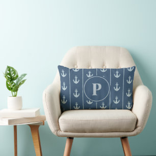 Nautical Anchor and Rope Stripes Monogram Lumbar Pillow