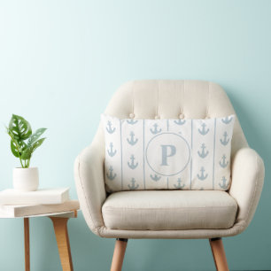 Nautical Anchor and Rope Stripes Monogram Lumbar Pillow