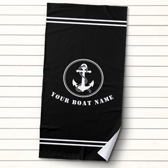 Nautical Anchor and Rope with Boat Name Black Beach Towel (Creator Uploaded)