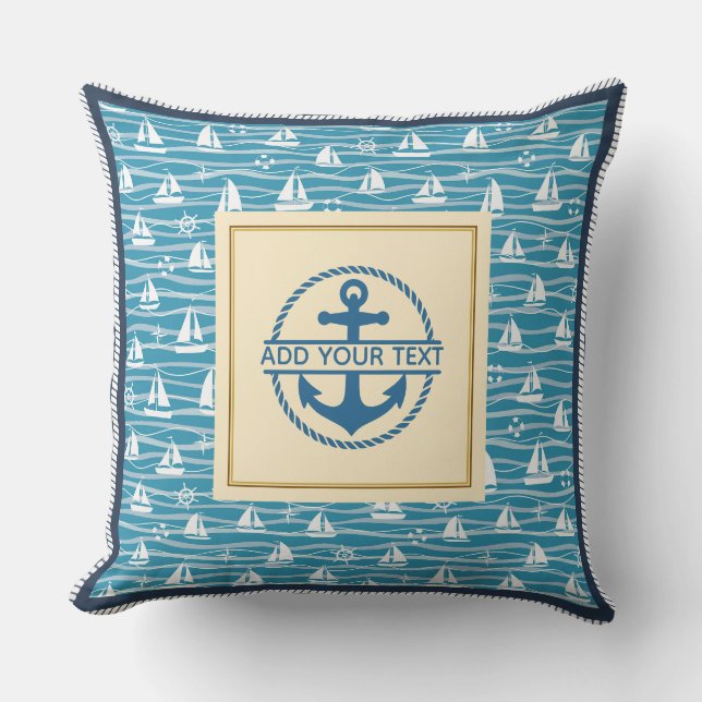 Nautical Anchor and Sailboat Pattern Personalized Throw Pillow (Front)
