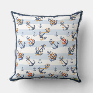 Nautical Anchor and Ship Wheel Blue Striped Throw Pillow