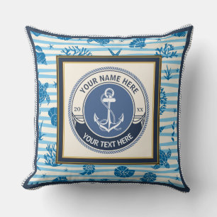 Nautical Anchor and Ship Wheel Custom Striped Throw Pillow