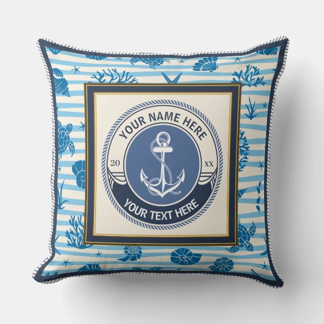 Nautical Anchor and Ship Wheel Custom Striped Throw Pillow (Front)