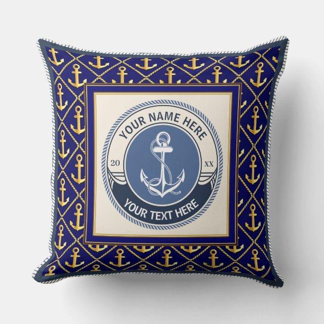 Nautical Anchor and Ship Wheel Custom Striped Throw Pillow (Front)