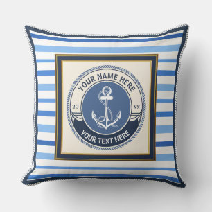Nautical Anchor and Ship Wheel Custom Striped Throw Pillow