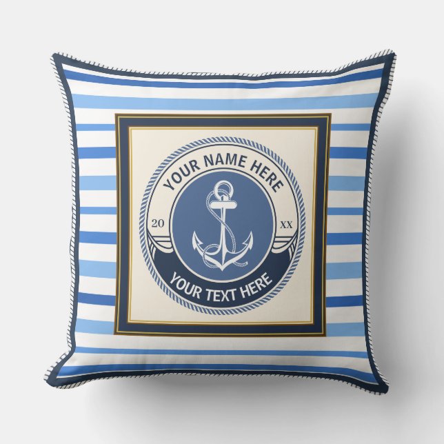 Nautical Anchor and Ship Wheel Custom Striped Throw Pillow (Front)