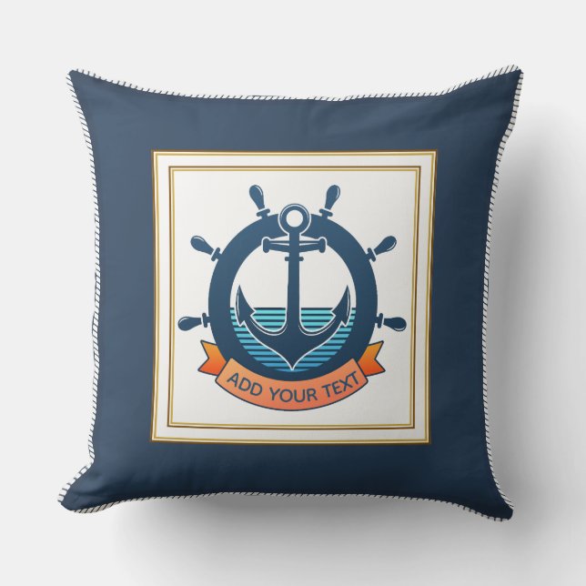 Nautical Anchor and Ship Wheel Custom Striped Throw Pillow (Front)